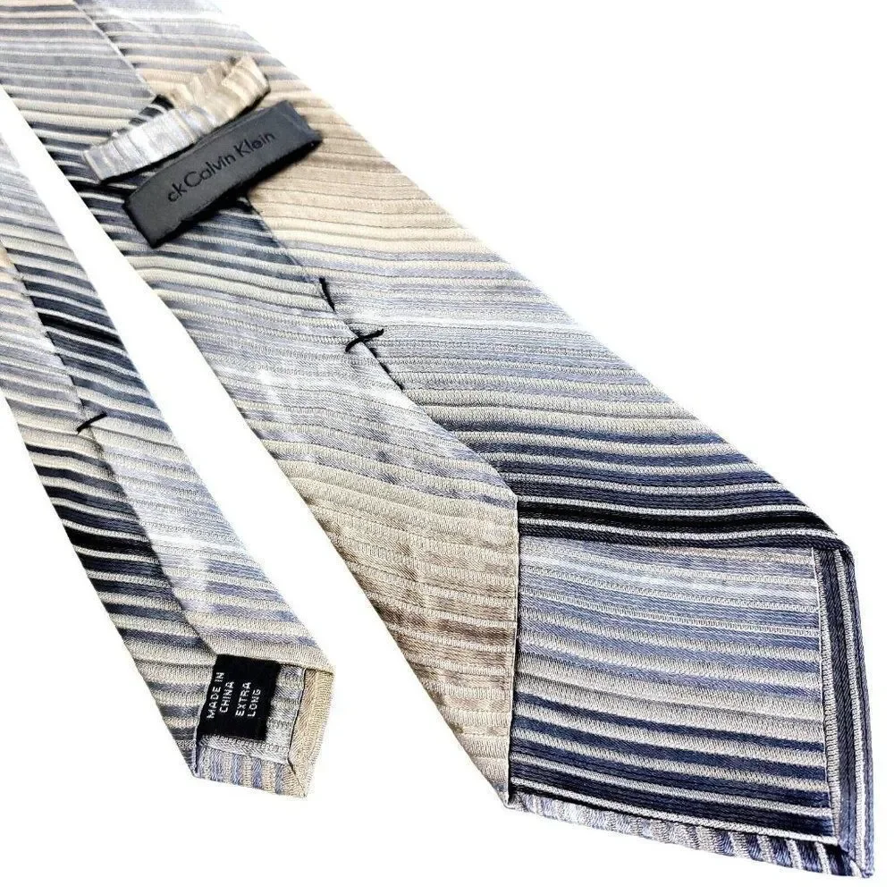 Calvin Klein Grey Beige Silk‎ Tie Woven Long Striped
